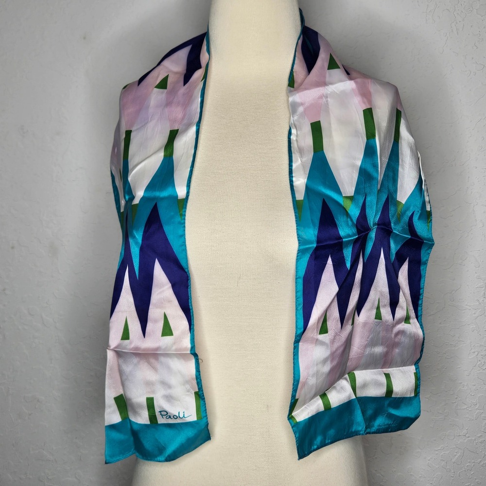 Paoli Vintage‎ Geometric Abstract Silk Scarf Teal Purple Green Pink Oblong Retro